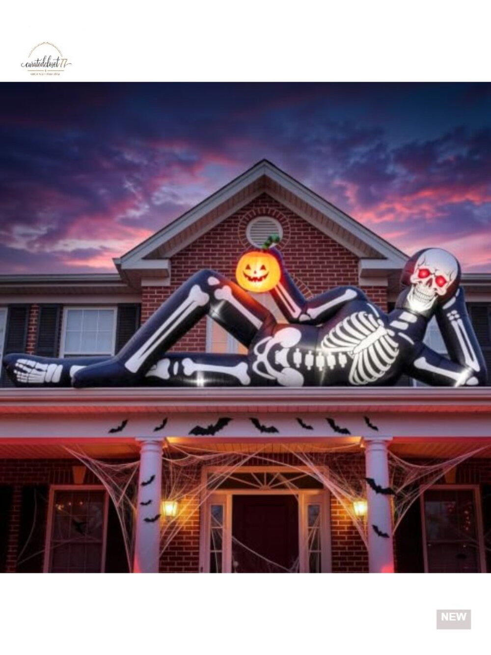 12ft Halloween Inflatable Lying Skeleton with Pumpkin, Outdoor Yard Decoration